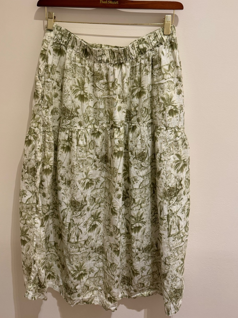 Rachel Zoe Olive Green and White Botanical Tiered Midi Skirt Chinoiserie Toile